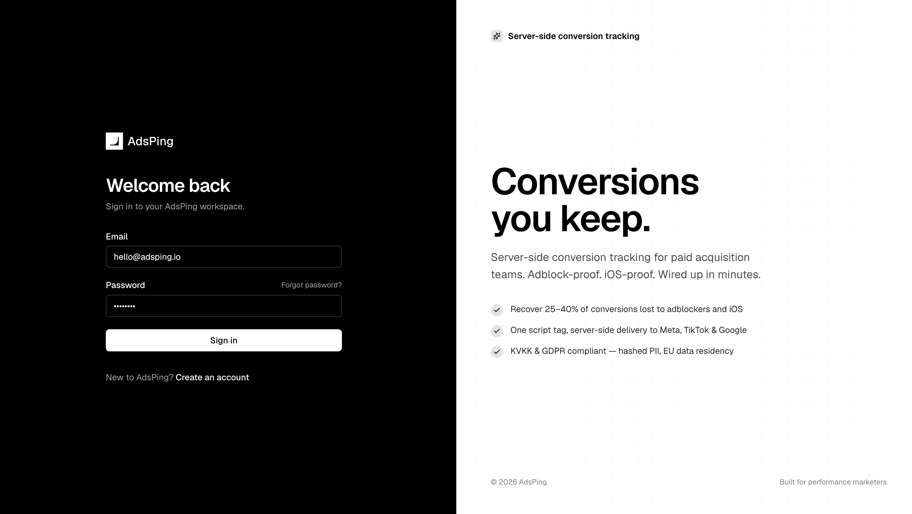 AdsPing dashboard sign-in page