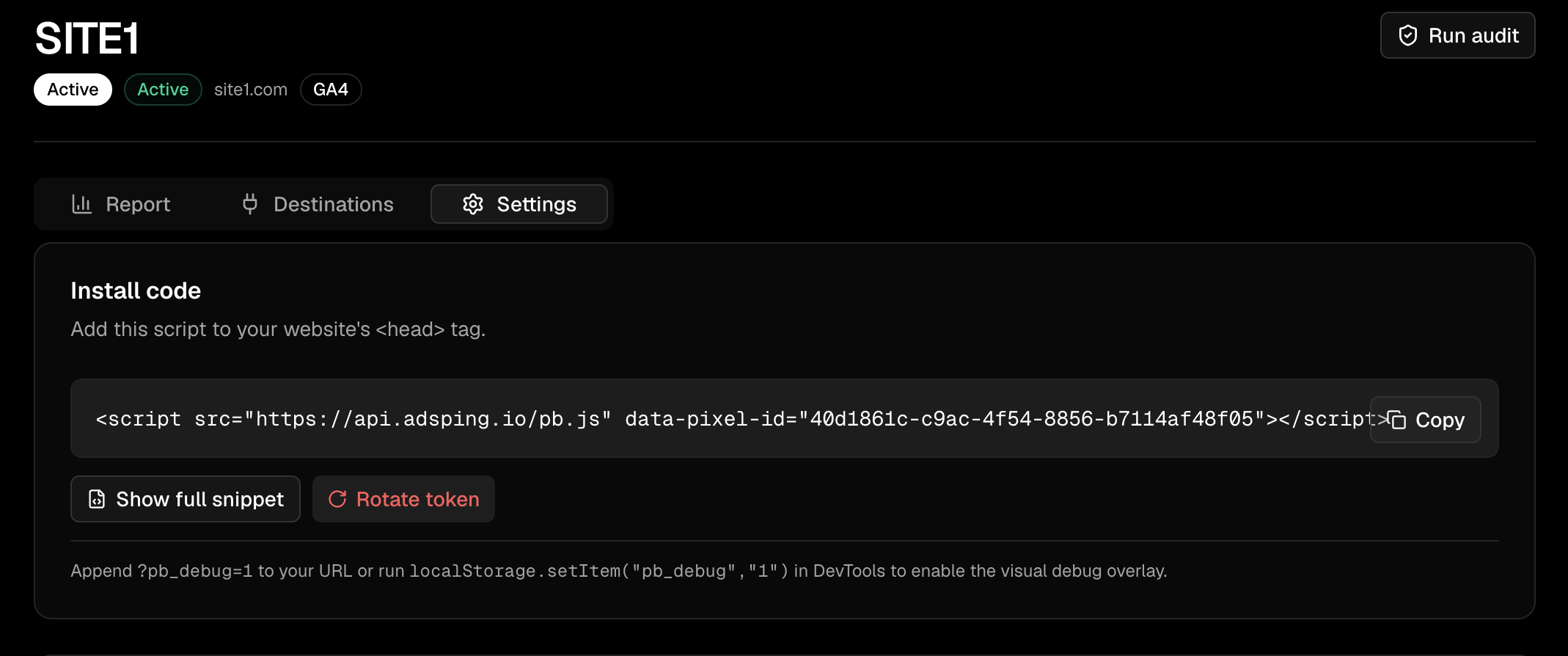 The Install snippet card on the pixel detail page