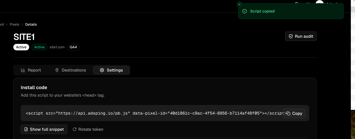 Copy button on the Install snippet card