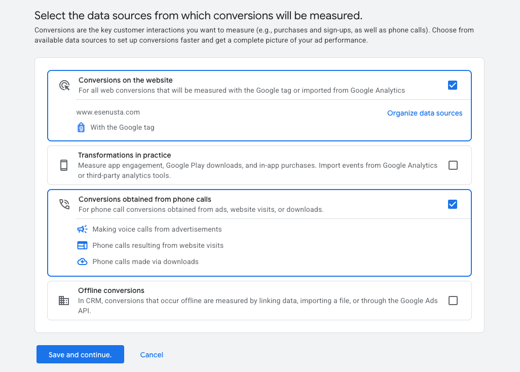 Google Ads conversion creation — data source selection screen with Website conversions and Phone call conversions ticked