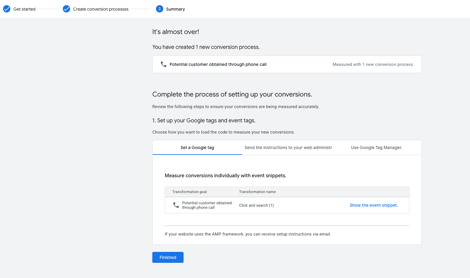 Google Ads wizard step 3 — Summary screen with Show the event snippet link