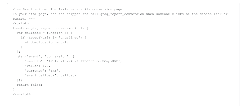 Google Ads event snippet for a phone-call (Tıkla ve ara) conversion — gtag event with send_to, value, currency, event_callback