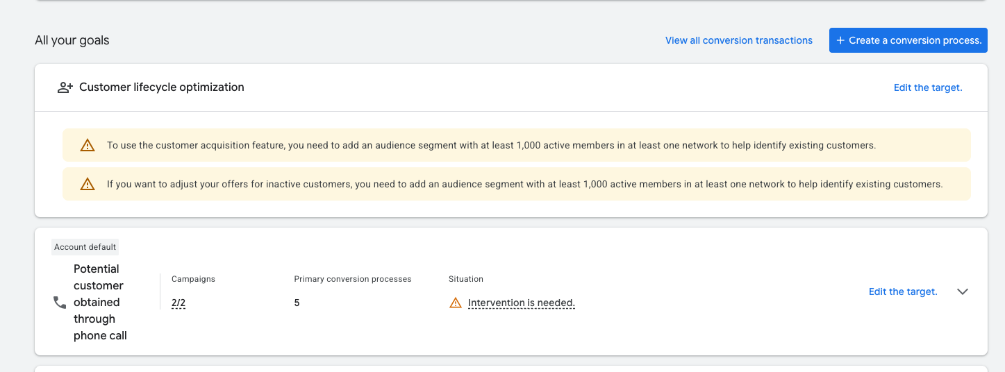 Google Ads Goals overview — Potential customer obtained through phone call action listed with 5 primary conversion processes